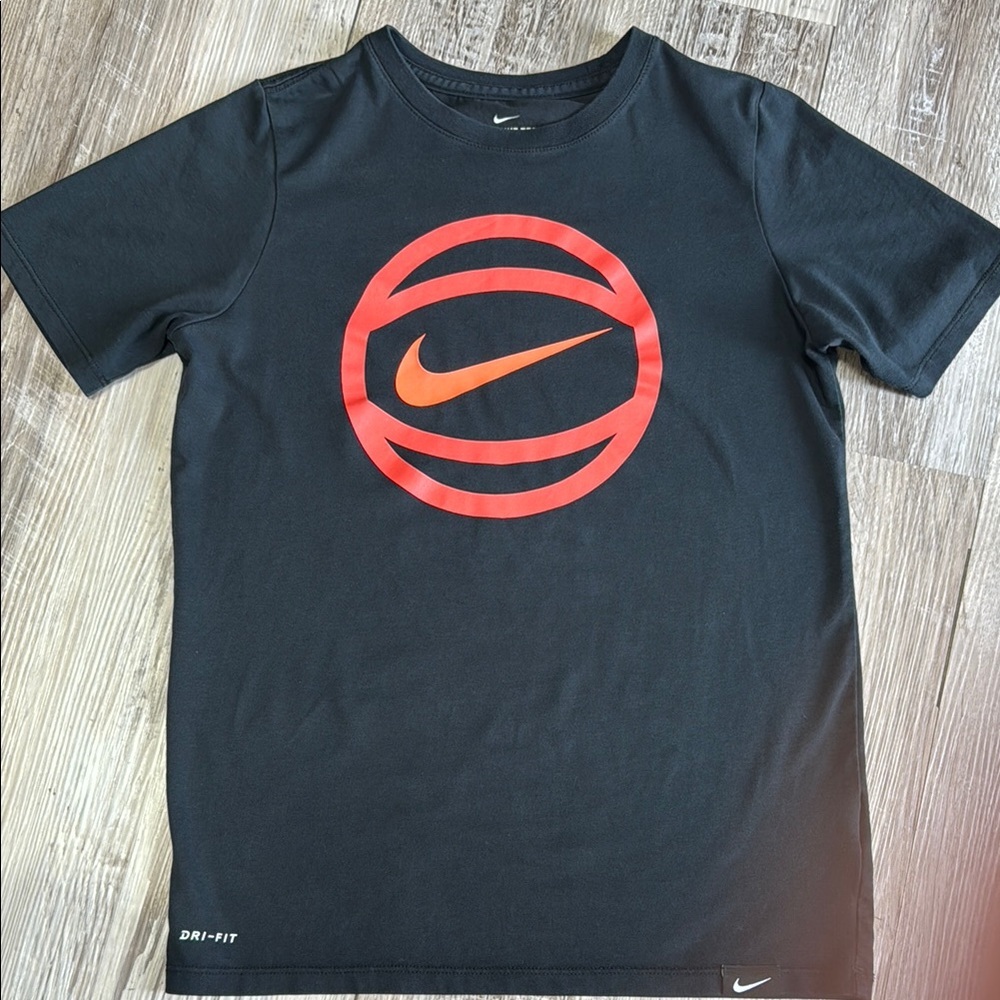 Nike Black Short Sleeve Tee with Red-Orange Swoosh Basketball Logo